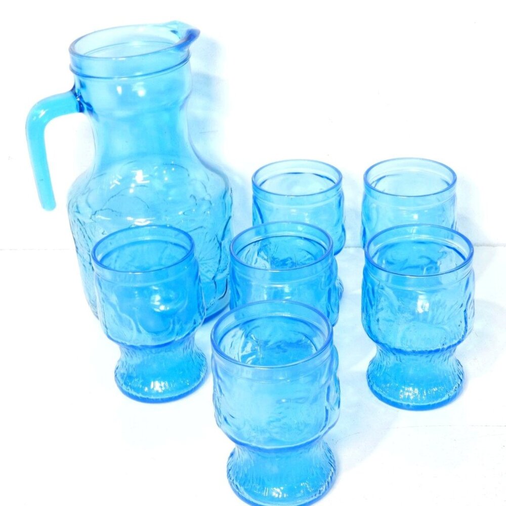 Authentic Vintage Empoli Italy Large Ornate Genie Glass Pitcher + 6 glasses Set